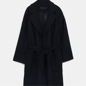 Zara Woman Manteco Black Wool Coat Italian Fabric Sz M. With Belt.